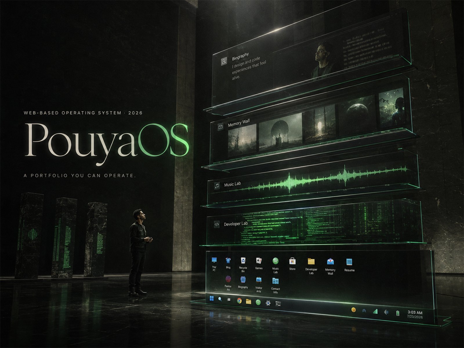PouyaOS desktop interface showing Pouya Shahri's interactive operating-system portfolio.