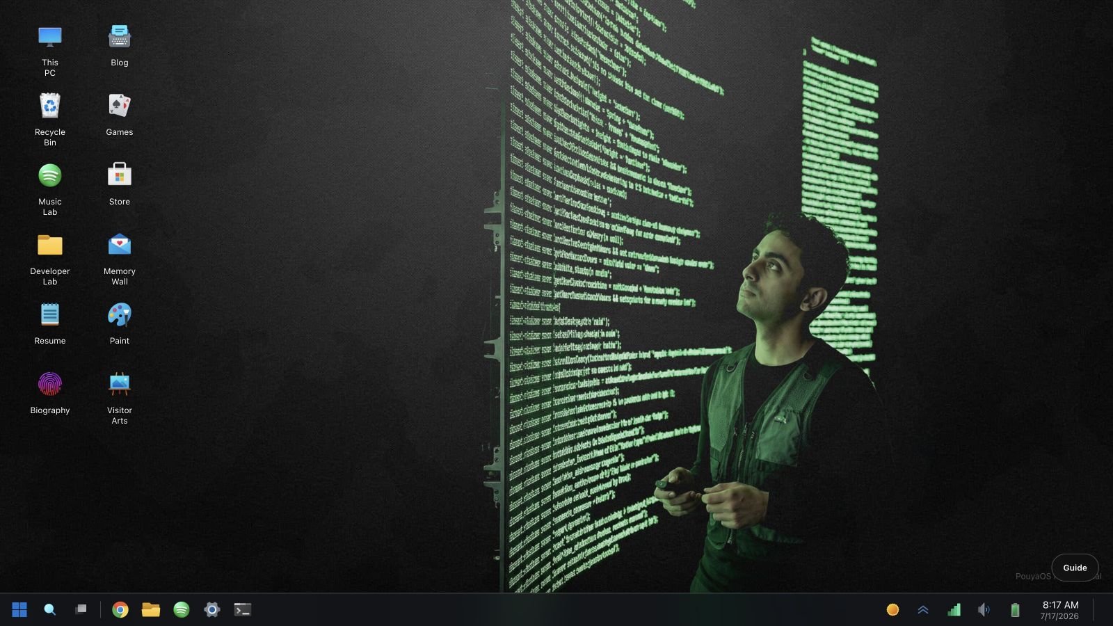 PouyaOS desktop interface showing Pouya Shahri's interactive operating-system portfolio.